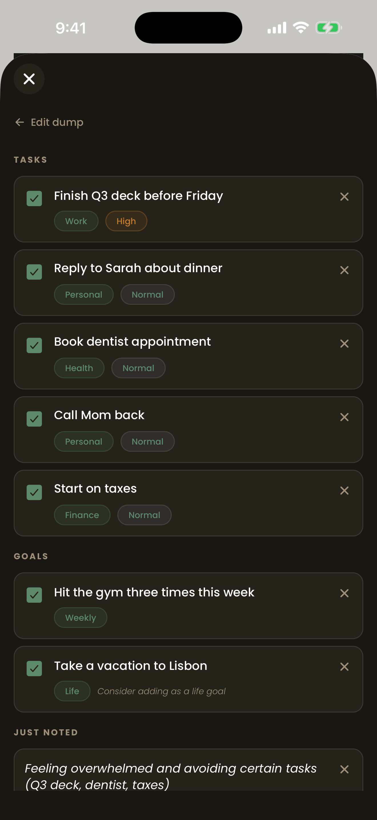 Brain dump sorted into tasks, goals, and notes