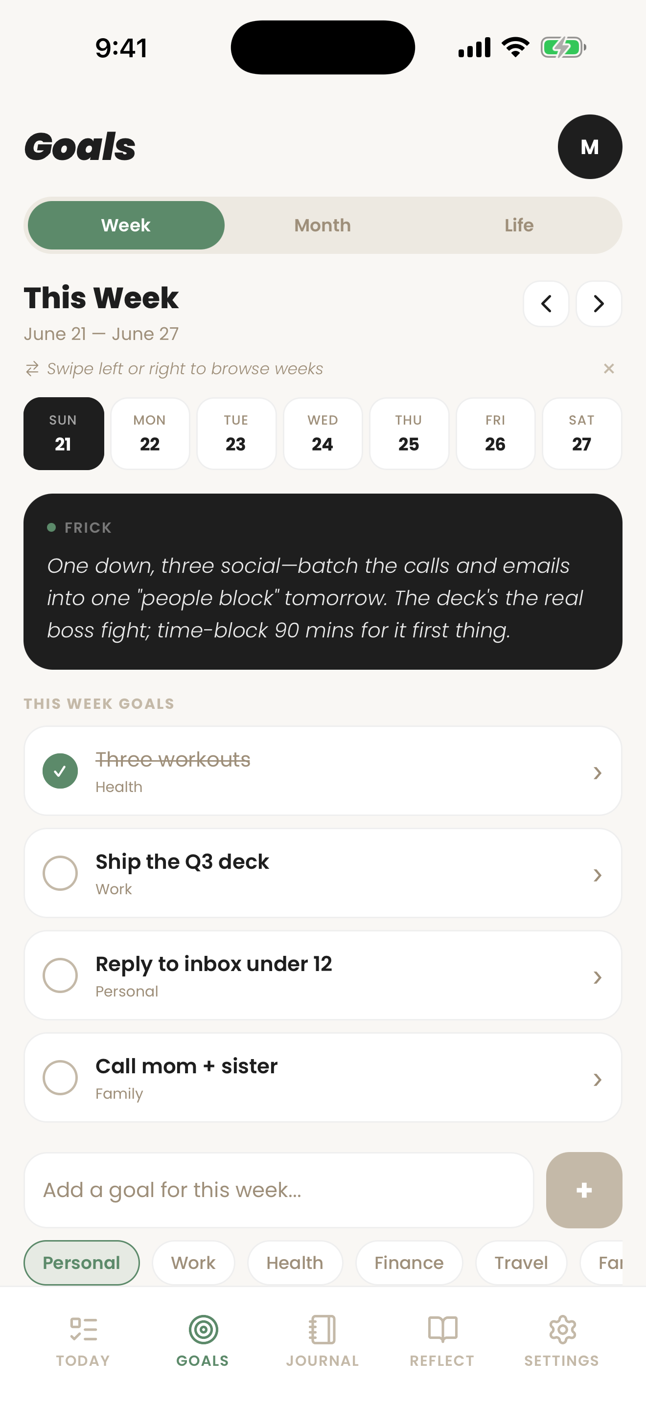 Plan screen with weekly goals