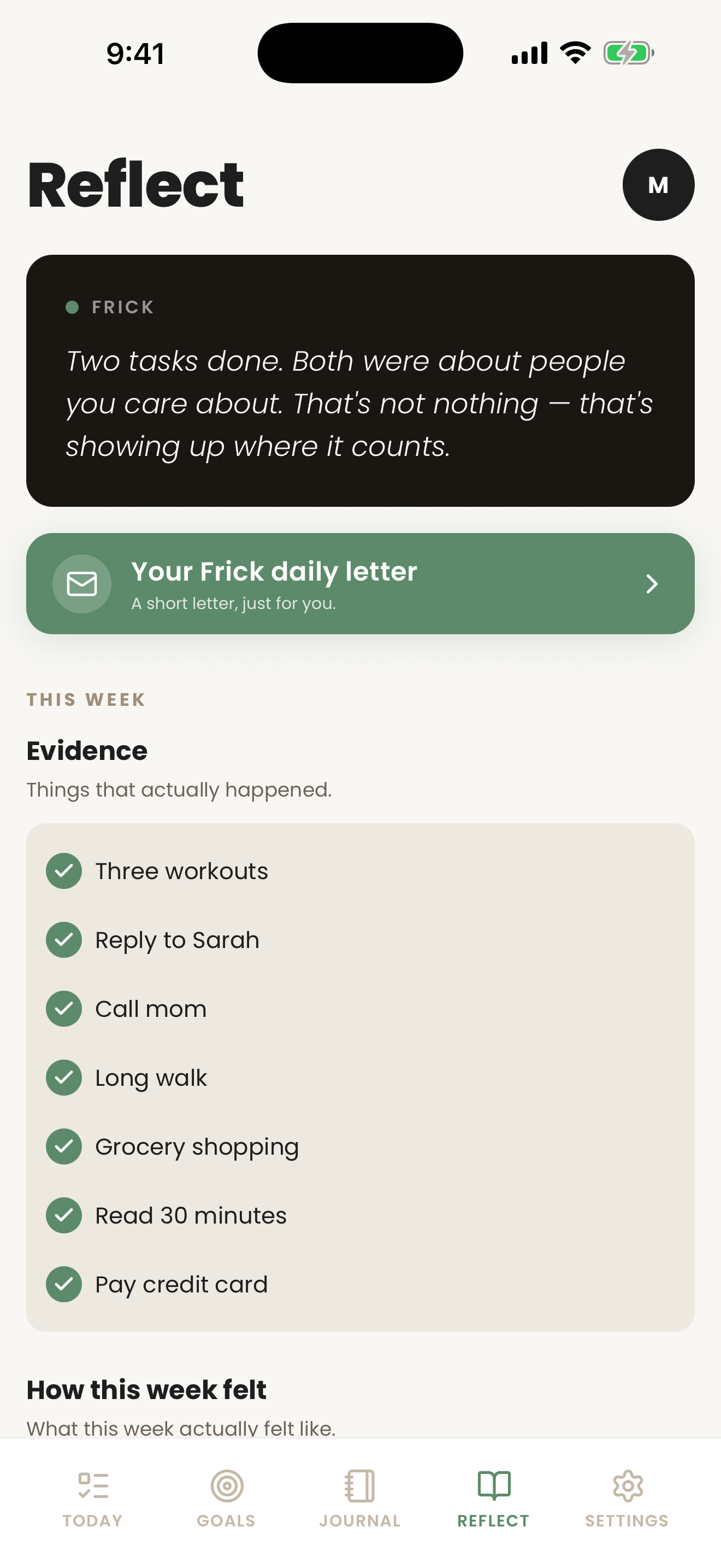 Reflect screen with Evidence and a Frick letter
